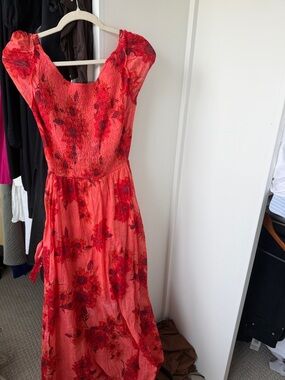 Anthropologie Red Floral Smocked Maxi Dress